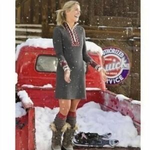 Athleta Cozy Knit Long-Sleeve Sweater Dress in Charcoal with Red Trim, Size M